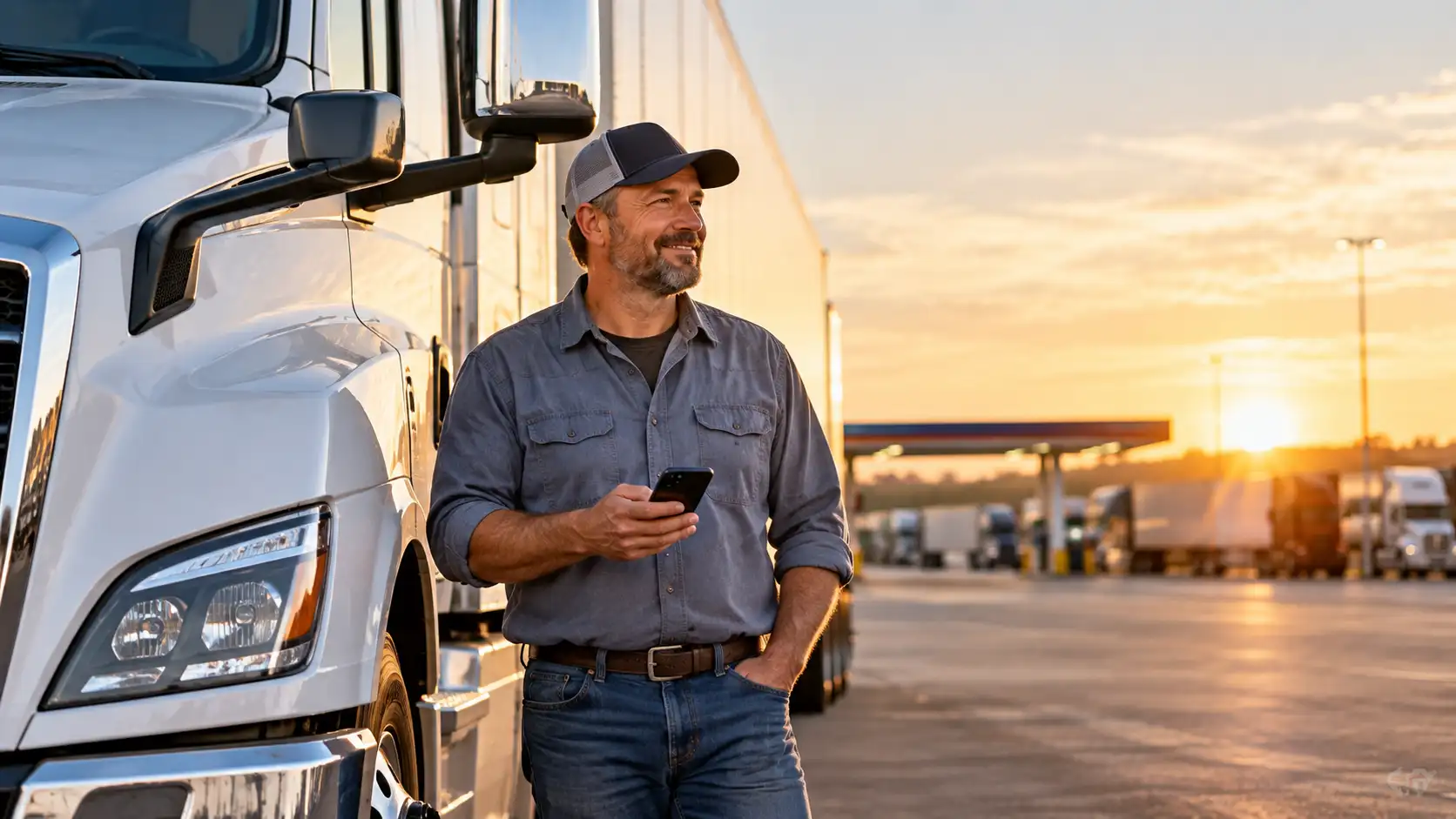 Owner-operator truck driver standing beside his semi-truck at a truck stop