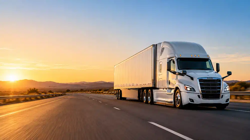 White semi-truck with a dry van trailer driving on an interstate highway at sunset